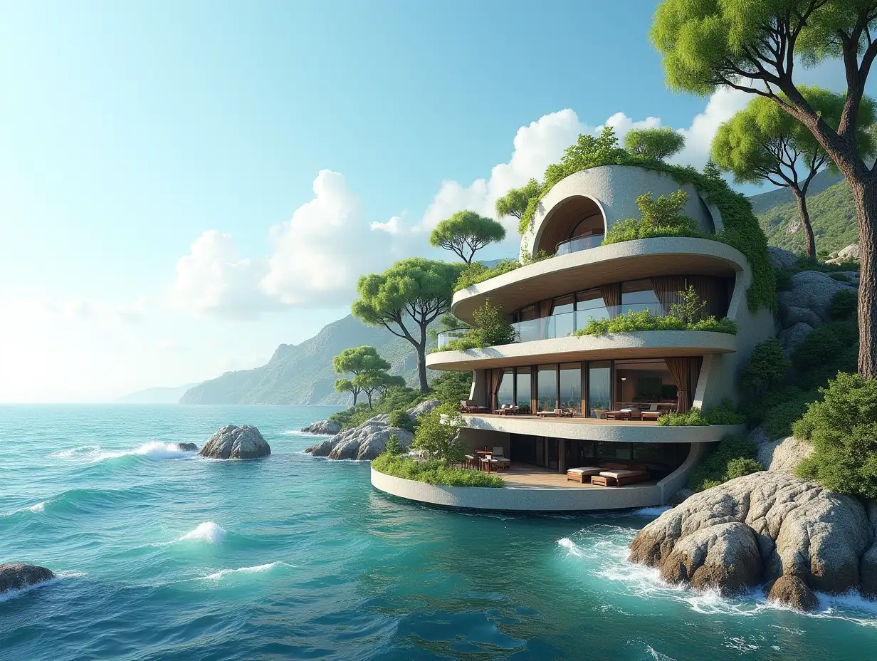 Create a high-resolution, realistic panorama image of a future-styled terrace building with window snail house with many plants and gray and brown facades with sea with very large waves, large trees, blue sky