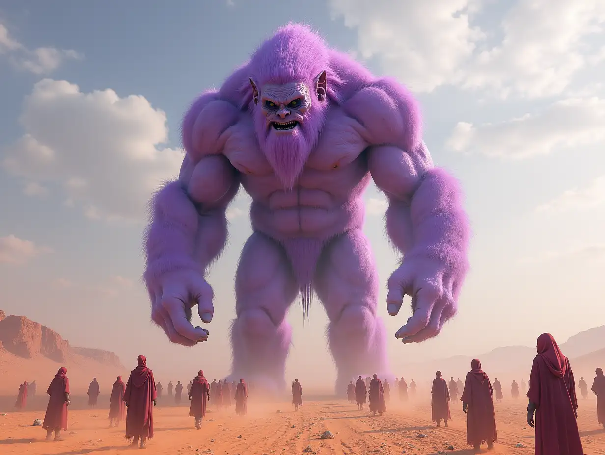 Create for me a 20 meter Android Titan Troll in purple and white in a vast desert with many people