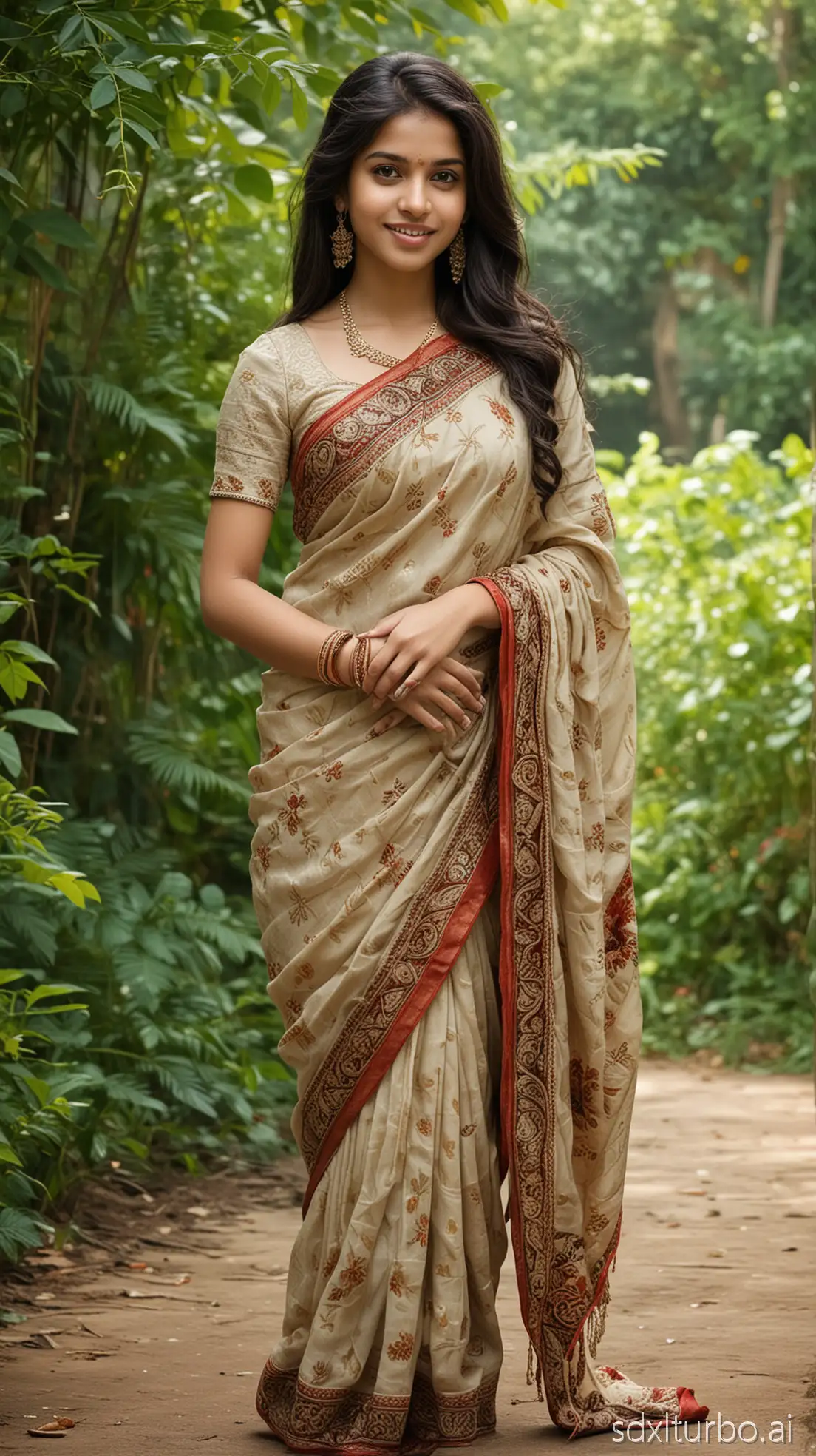 Create a full-body portrait of an Indian young girl. She should have long, dark hair styled elegantly, wearing a traditional Indian outfit such as a saree or salwar kameez. The saree should be vibrant in color, adorned with intricate patterns. The girl should have a warm smile, showcasing her confidence and grace. The background should be a serene outdoor setting, perhaps with lush greenery or a cultural landmark in the distance. The lighting should be soft and natural, highlighting her features beautifully