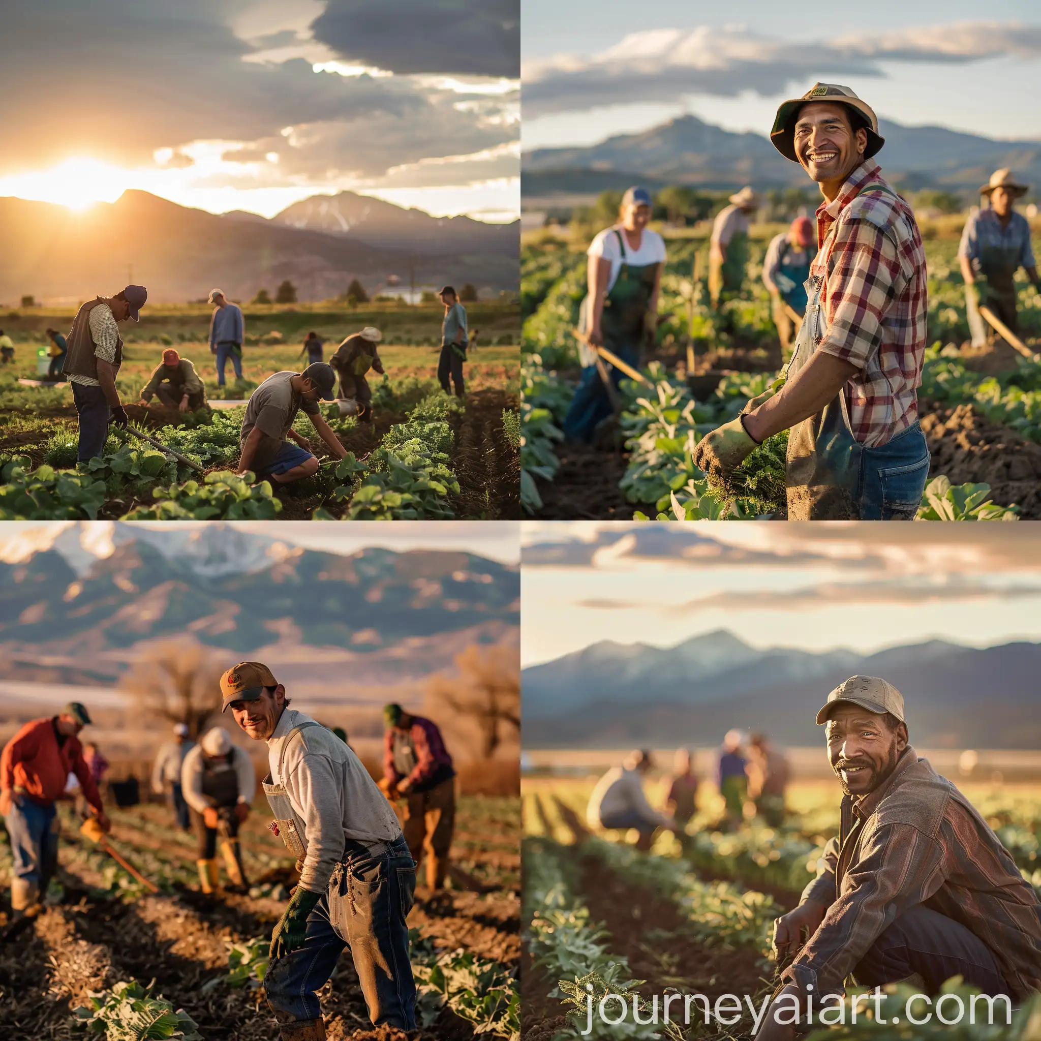 Diverse-Farmers-Working-at-Sunset-with-Colorado-Front-Range