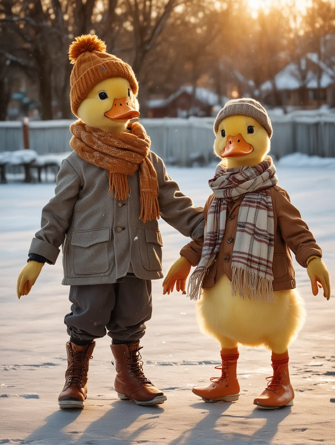 Pair-of-Child-Ducks-in-Human-Clothing-Ice-Skating-at-Winter-Park-with-Christmas-Atmosphere