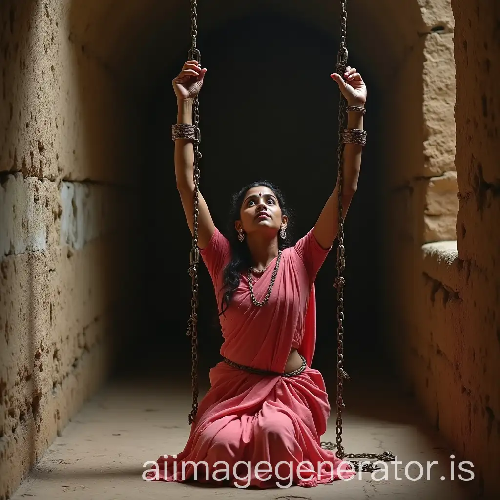 Ancient-Telugu-Woman-in-Stone-Prison-with-Handcuffs-and-Chains