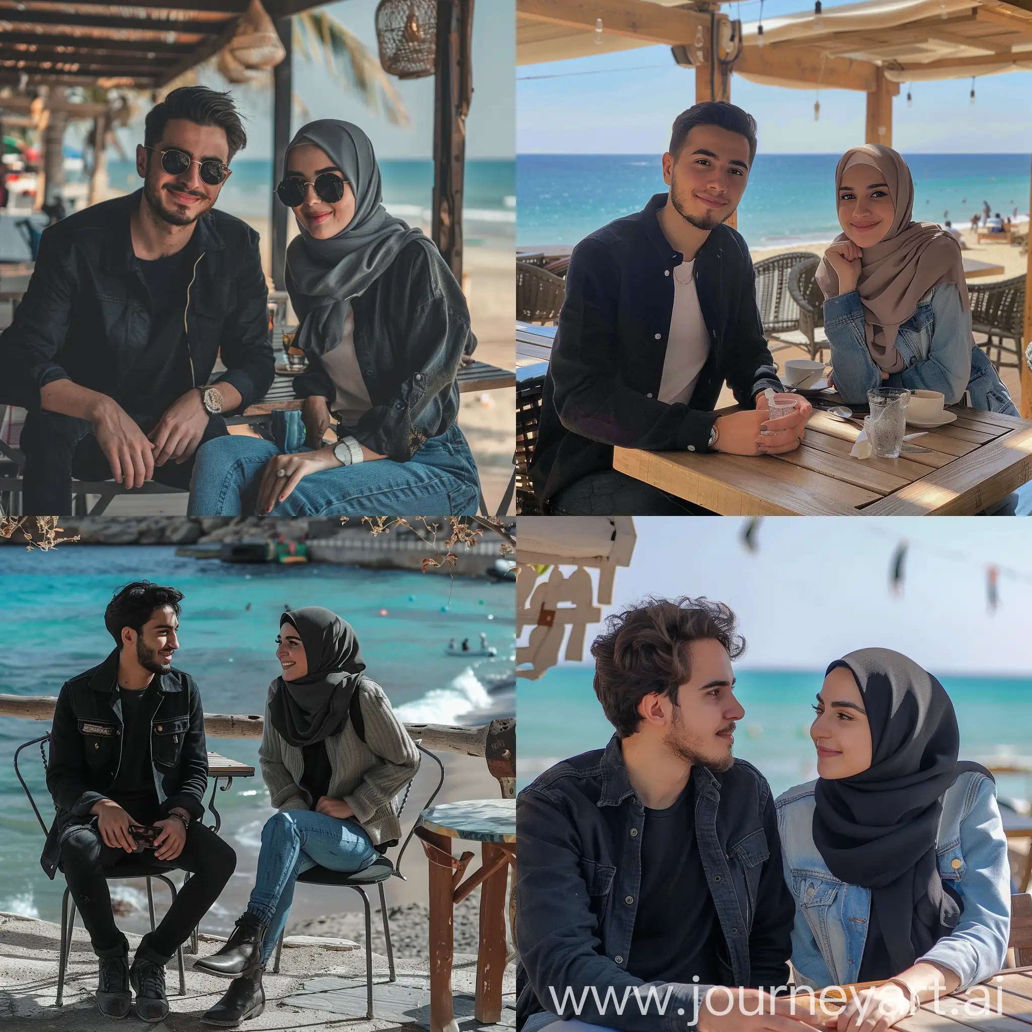 Young-Couple-in-Casual-Attire-Enjoying-Beachside-Cafe-Afternoon