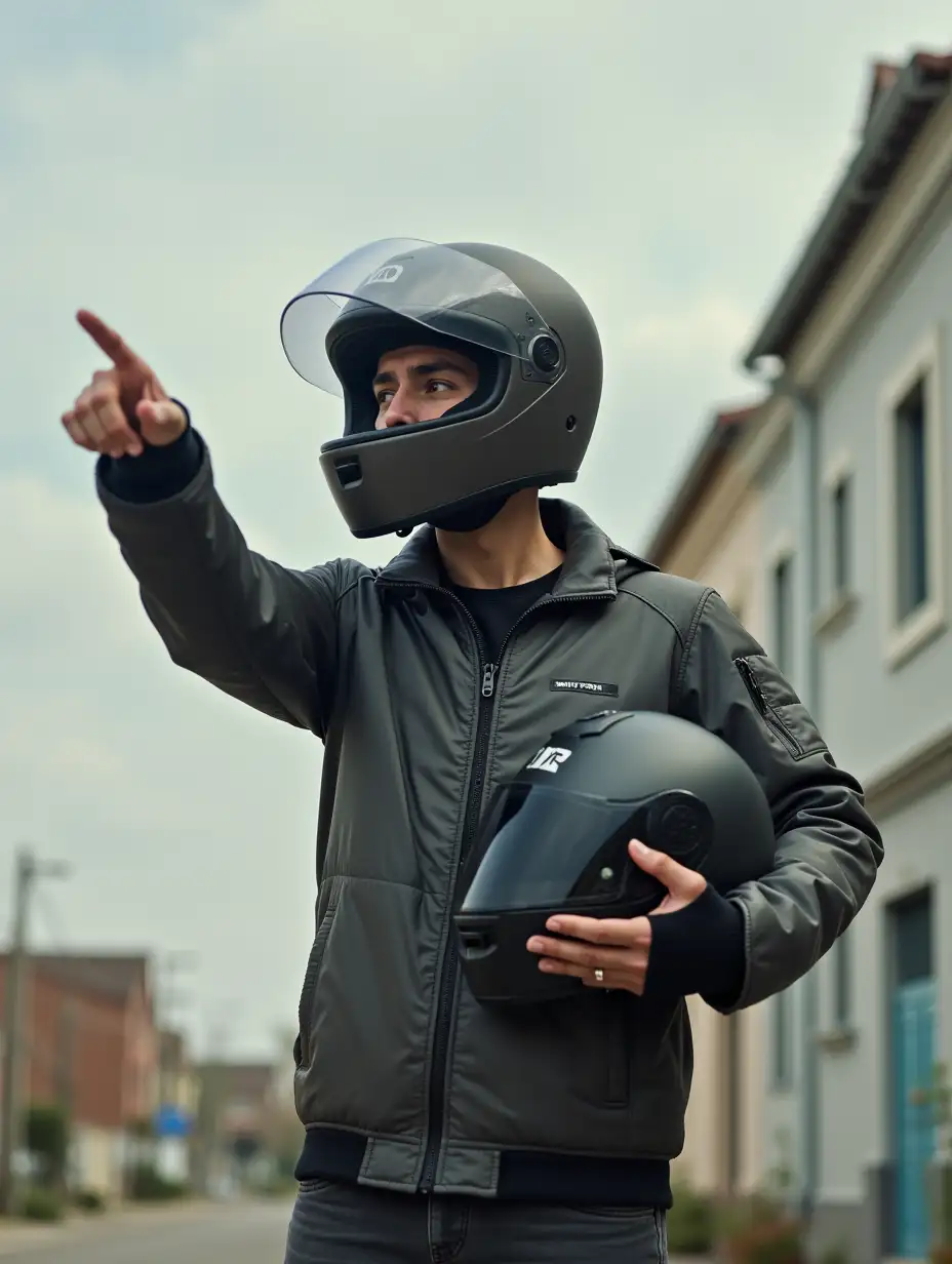 Wide shot of a man standing with a motorcycle helmet and a switch in his hand, pointing to his left.