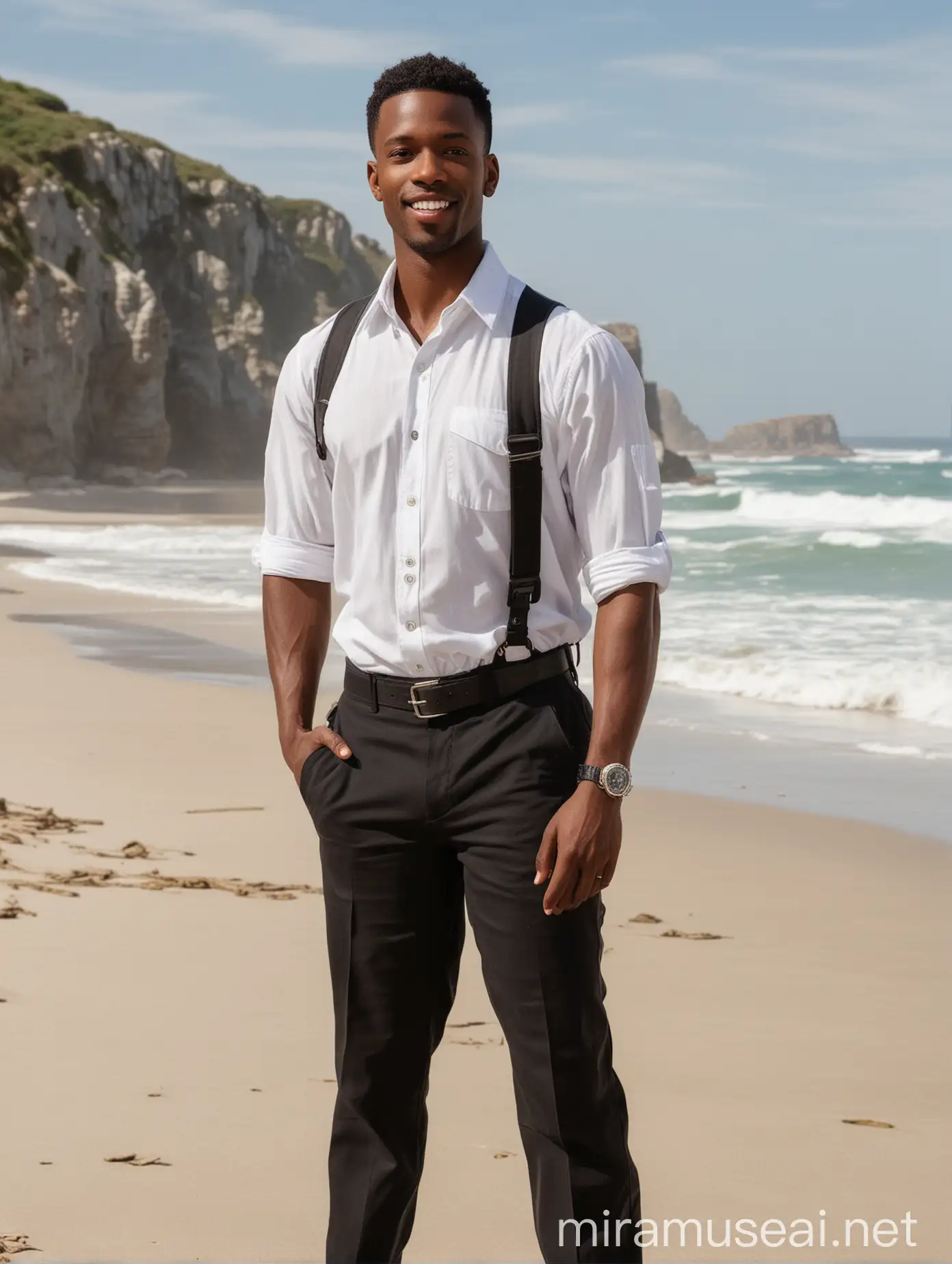 Handsome Black Tour Guide Standing on Beach