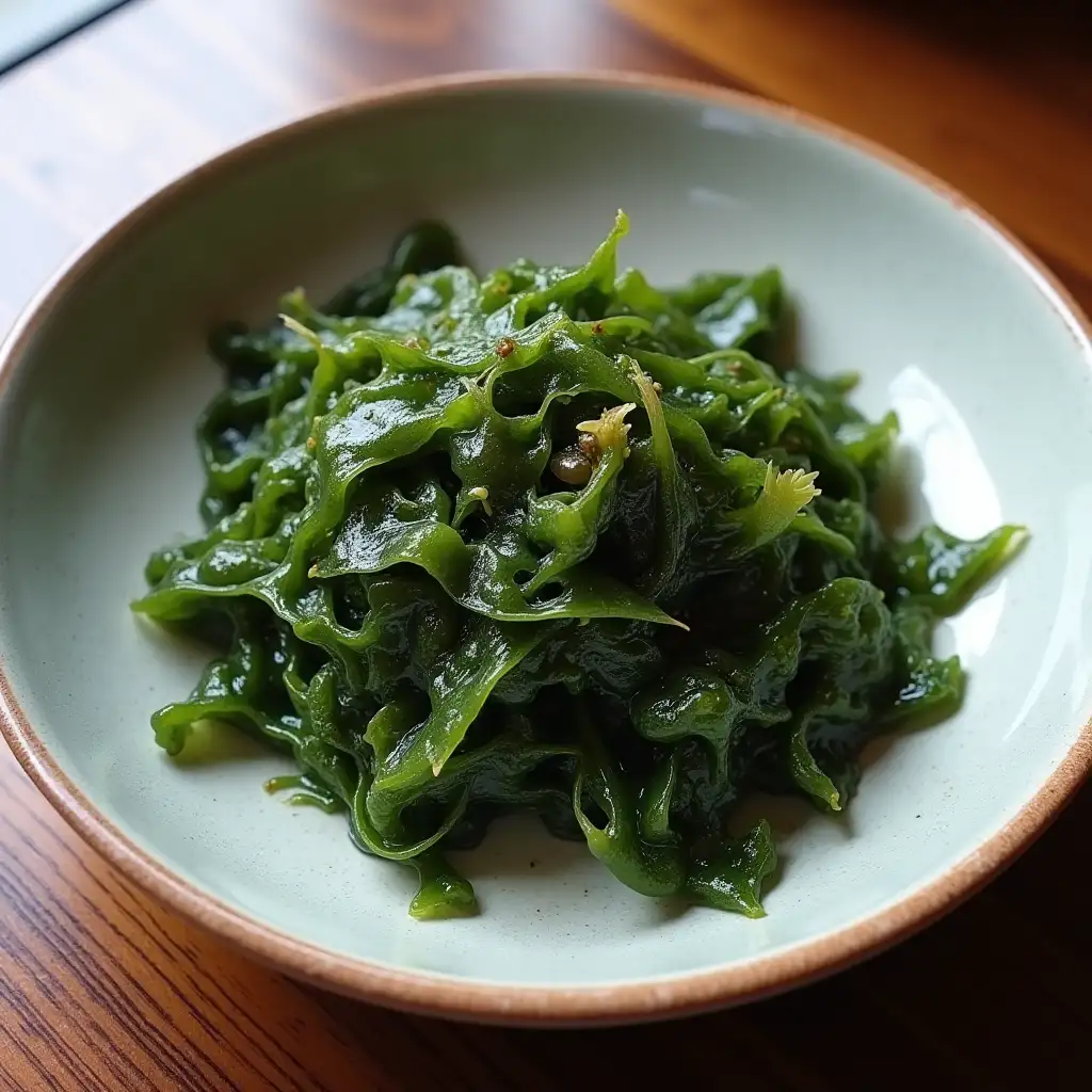 image of seaweed, specifically kombu and nori algae. Both in separate dishes.