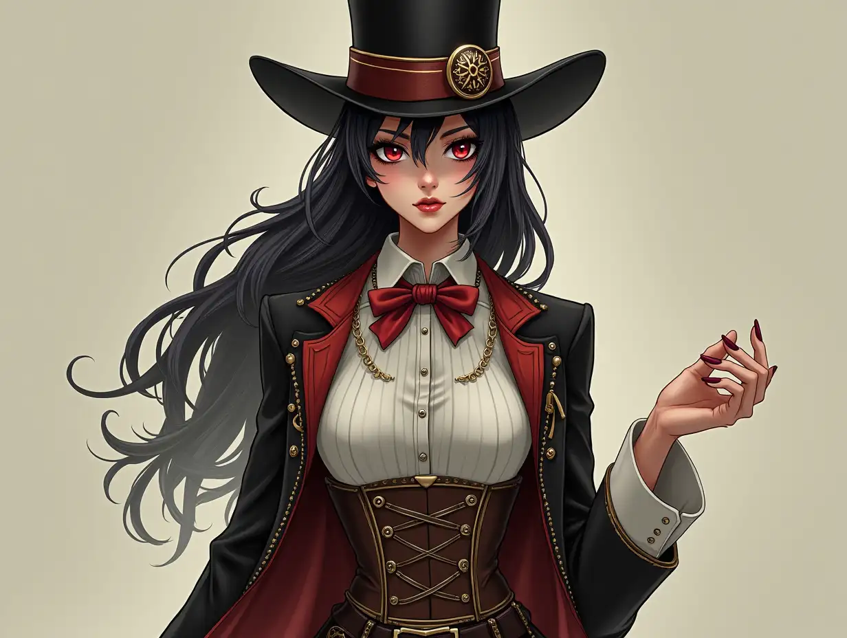 High resolution image of a female figure representing the trickster archetype and wearing modern fashion: Steampunk