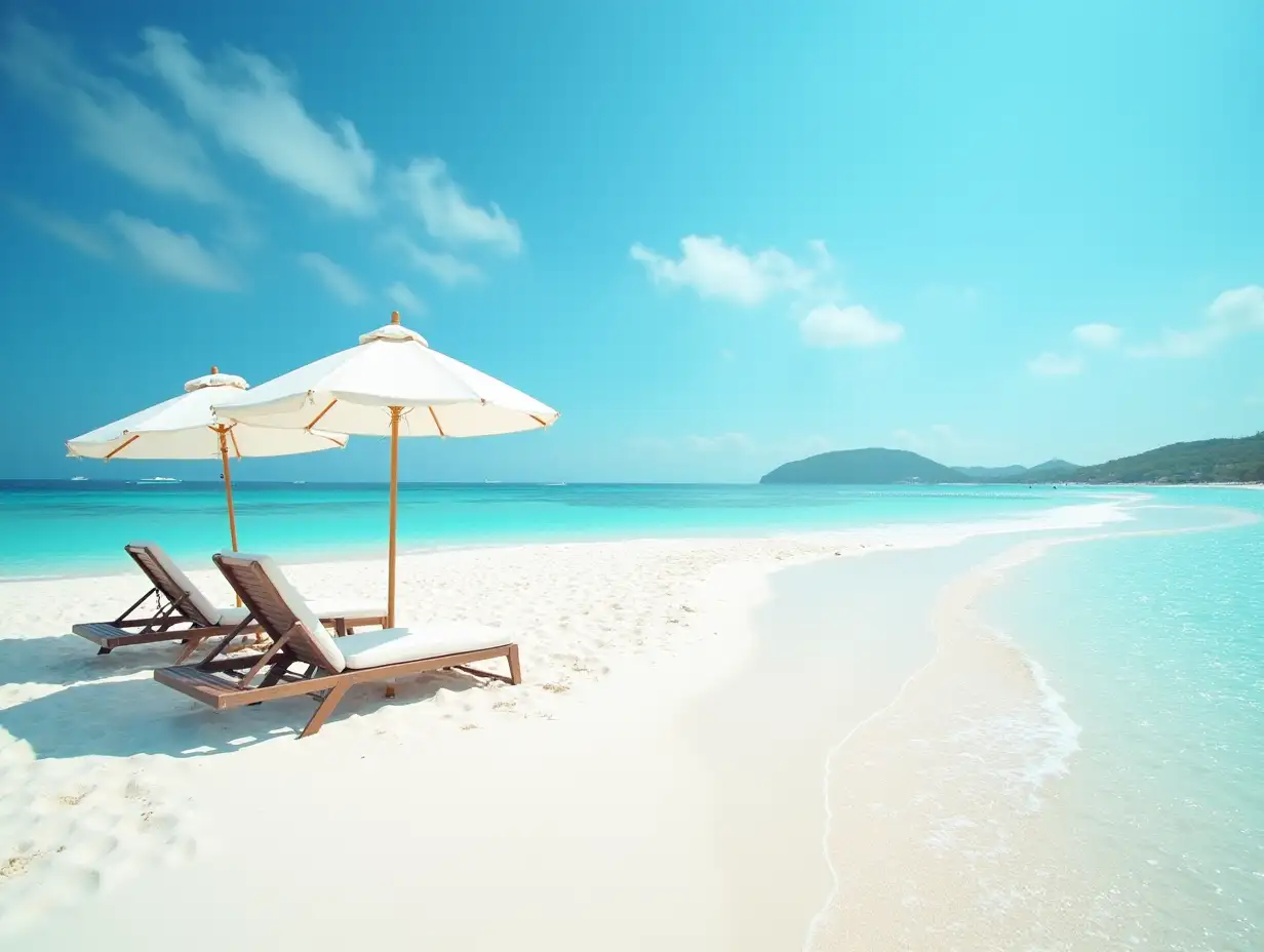 Beautiful beach banner. White sand, chairs and umbrella travel tourism wide panorama background concept. Amazing beach landscape