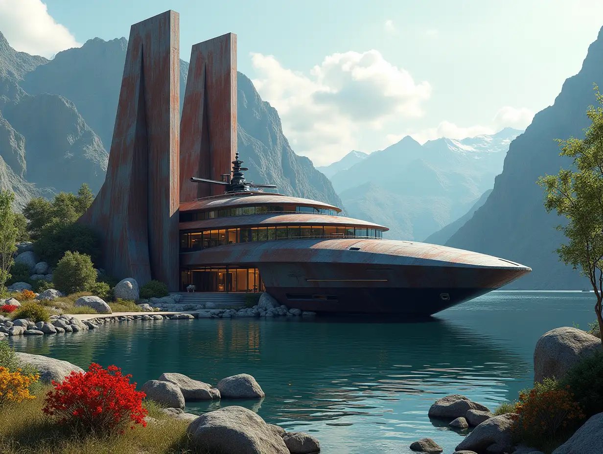 Create a high-resolution realistic image in 4k resolution a futuristic rusty building with black patterned facade and curved pillars, mountains large trees, rocks flowers a futuristic very large yacht with glass windows cloudy sky