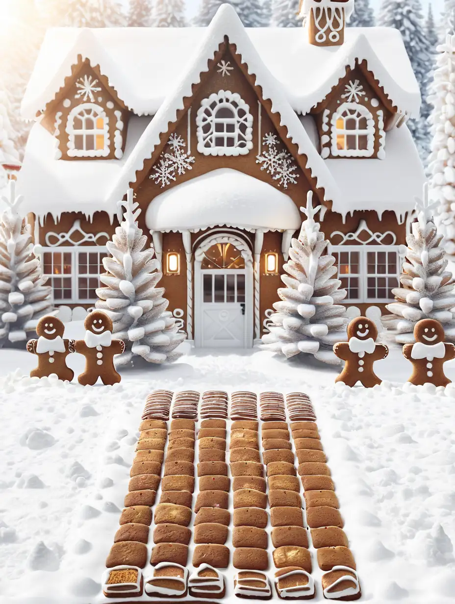 Christmas Scene Snowy Gingerbread House with Christmas Trees