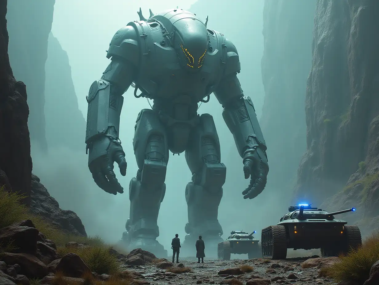 Create AI fantasy with a high-resolution, realistic image of the 40 meter tall artificial Robert and Alien, with battle robots and cell tanks on the Alien on Pandora 4k resolution