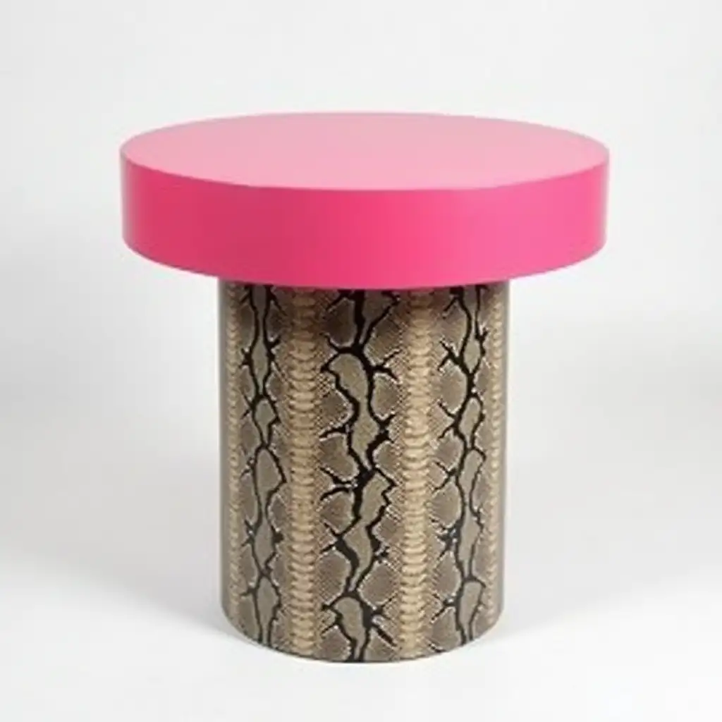 Modern-Coffee-Table-with-Snake-Print-Cylindrical-Leg-and-Bright-Pink-Wood-Round-Top