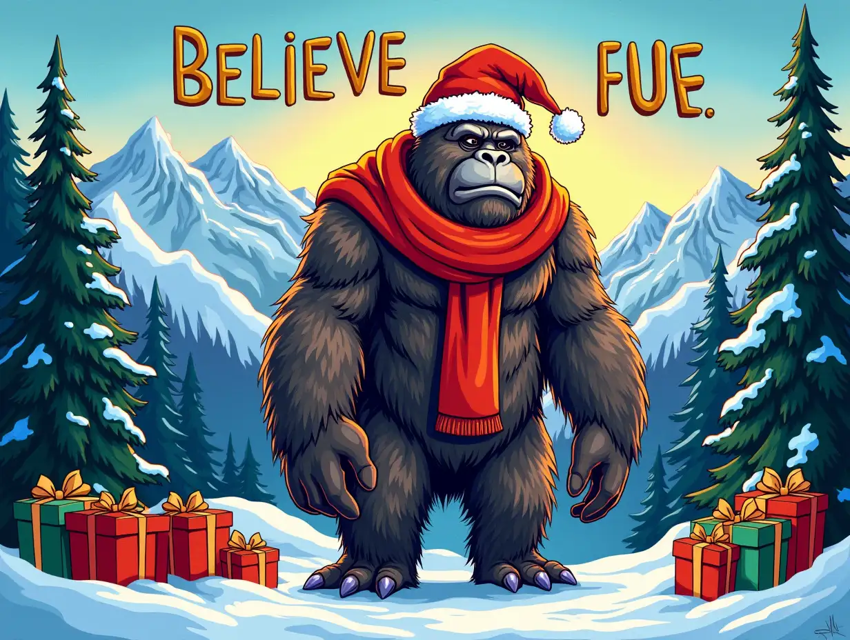 Vector illustration, Art style: stained glass, Art inspiration: realistic description.  Create an illustration of a rugged, towering Bigfoot wearing a bright red Santa hat and a cozy, oversized scarf, standing prominently in a snow-covered landscape. The background should feature majestic snow-capped mountains and dense evergreen trees dusted with snow. Infuse the scene with a whimsical holiday spirit, highlighted by vibrant red and green Christmas presents scattered in the foreground. Incorporate the text 'BELIEVE' in bold, playful letters to emphasize the theme of magic and festivity. Aim for a vibrant, slightly cartoonish aesthetic that radiates joy and warmth, evoking wonder during the holiday season. Use rich, saturated colors to enhance the cheerful atmosphere, contrasting the cool blues of the winter landscape with the warm tones of the gorilla's fur.