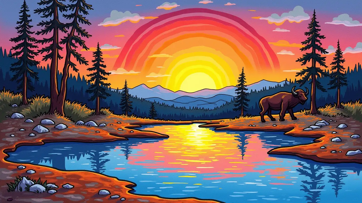 Surreal Yellowstone Sunset DaliInspired Buffalo and Trees Amidst Rainbow Hot Springs