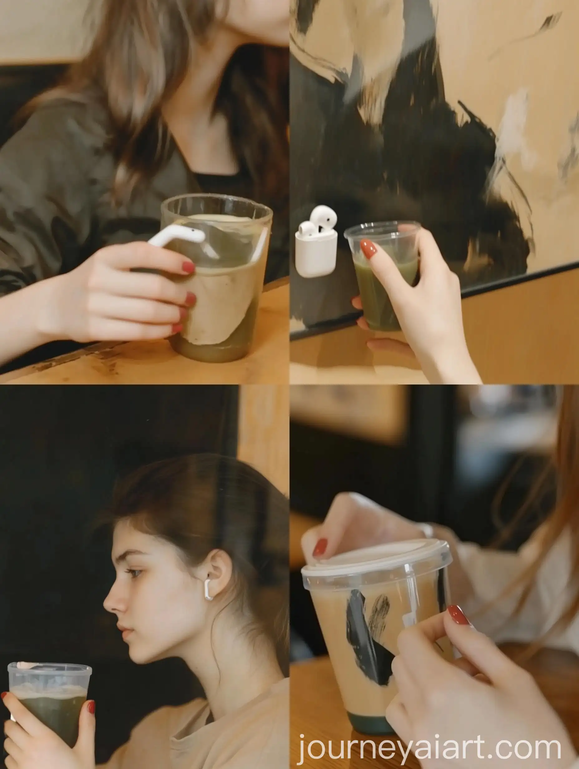Young-Woman-Holding-Green-Juice-and-iPhone-with-AirPods-on-Wooden-Table