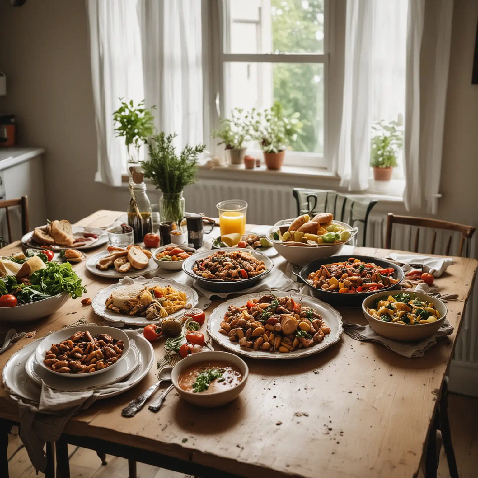 Various Foods Arranged on Kitchen Table