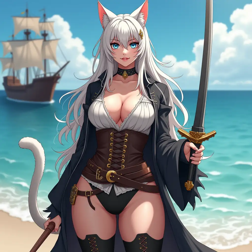 A mature adult feline/woman dressed as a pirate with a sword on a beach.  A pirate ship in the background. Her 30-something years are disguised by her youthful facial features, except for her subtle wrinkles around the eyes, extremely slender body. Her ample bosom strains against her clothing, threatening to burst free from the fabric, extreme cleavage.  Wearing black thigh high pirate boots. She has piercing blue cat eyes. A choker adorns her neck, a subtle hint at her feline nature. Her long, white hair cascades down her back like a wild waterfall, tangled and disheveled. Her cat-like teeth glint in the light, as her white fur-lined ears punctuate her visage with sparkling black and gold earring adorns each ear, adding a touch of elegance to her feline features. Cat whiskers on her face. The attached tail at the base of her spine stirs lazily.  Long fingernails. Full body view. Anime.