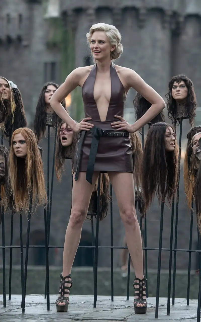 A Charlize Theron as version of Vlad the Impaler standing Hands on hips. Deep Neckline, sandals with high heels, miniskirt, evil angry smile. There are many female heads on spikes around. cinematic, photo , 4k