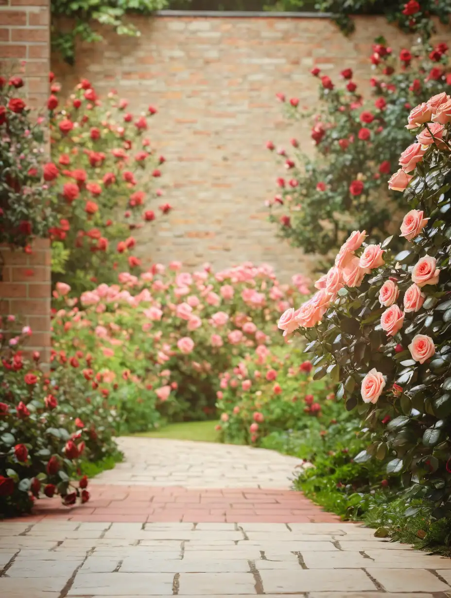 Summer Garden Path with Red and Pink Roses in Natural Light