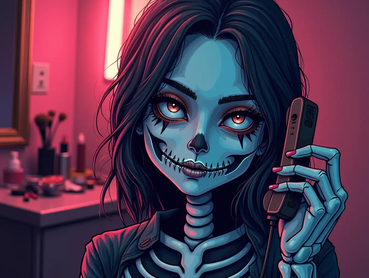 Vector. Create design with a cute skeleton girl holding a mobile phone and the text 'I'm not a person you can put on speaker phone'. background in a makeup room. A dreamlike picture