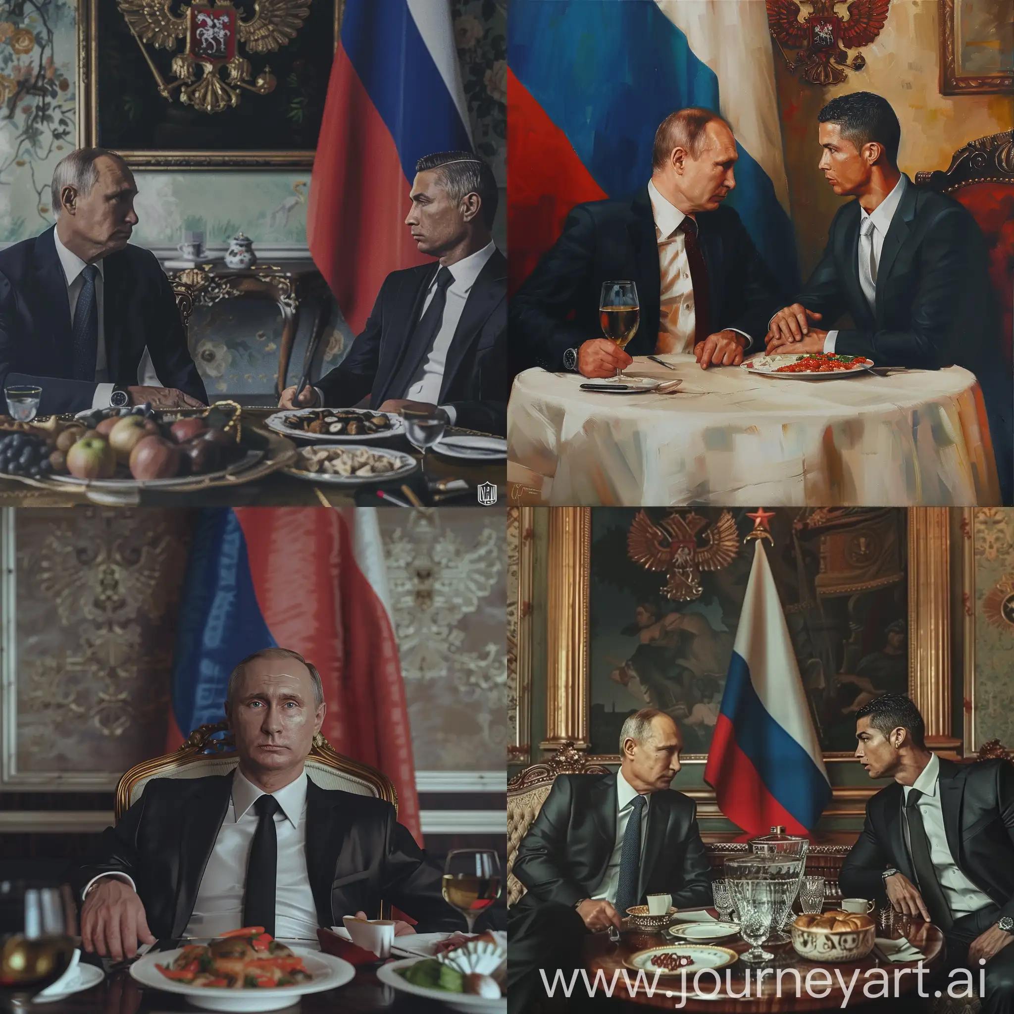 Vladimir-Putin-and-Cristiano-Ronaldo-at-Richly-Set-Table-with-Russian-Federation-Flag-Background