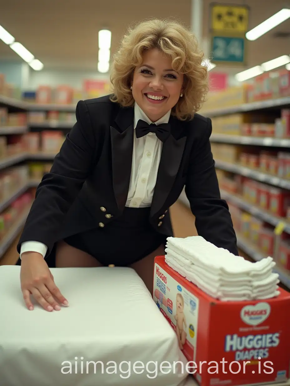 Product-Demonstration-with-a-Young-Woman-in-a-Tuxedo-at-a-Supermarket-Displaying-Diapers