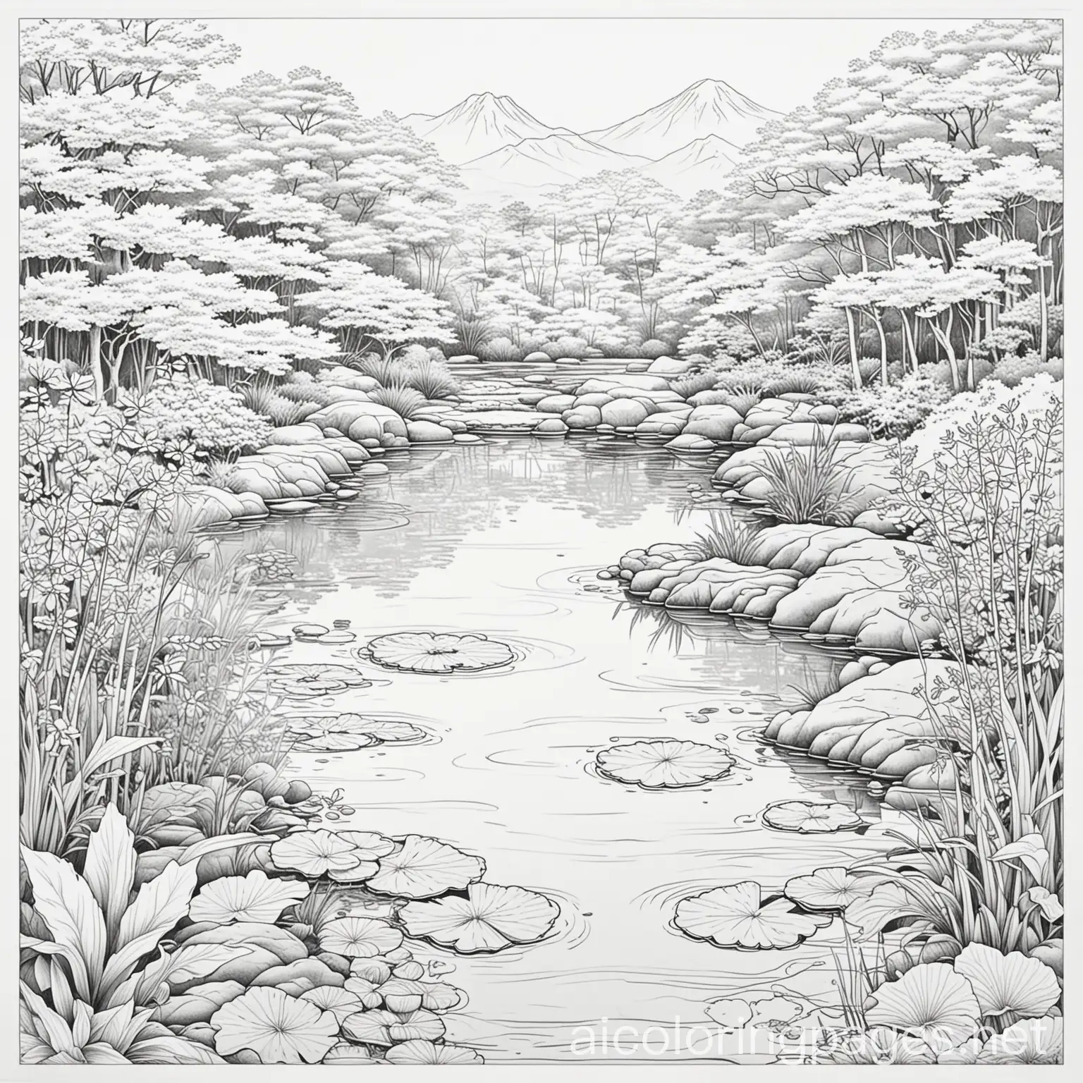 quiet pond in japanese style, Coloring Page, black and white, line art, white background, Simplicity, Ample White Space. The background of the coloring page is plain white to make it easy for young children to color within the lines. The outlines of all the subjects are easy to distinguish, making it simple for kids to color without too much difficulty