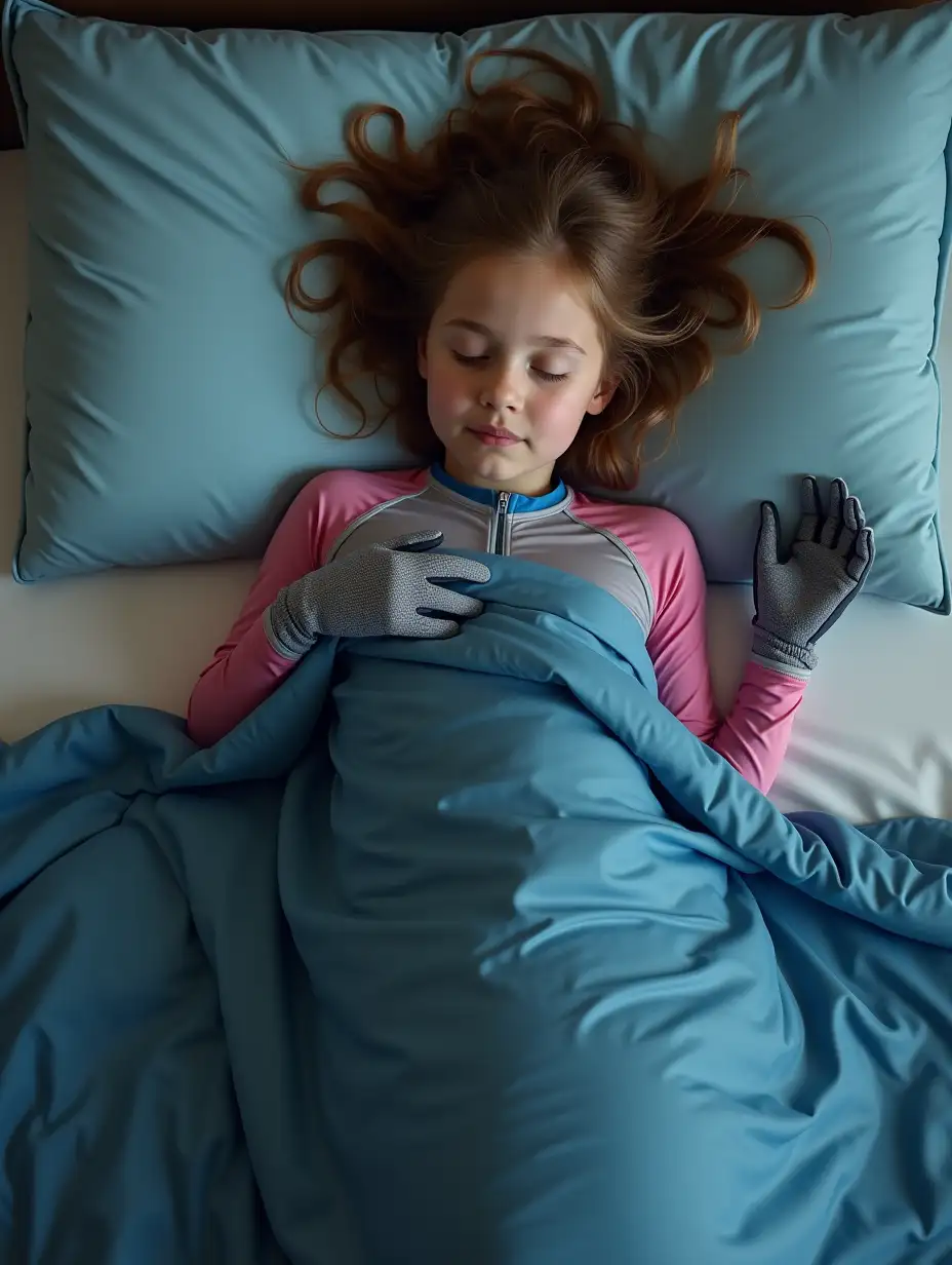 top view, a 13 year old girl lying in a bed, partially covered by a duvet, sleeping, closed eyes, wearing functional sportswear, cycling gloves, clothes have racing colors, modern inline skates with complete organized wheels