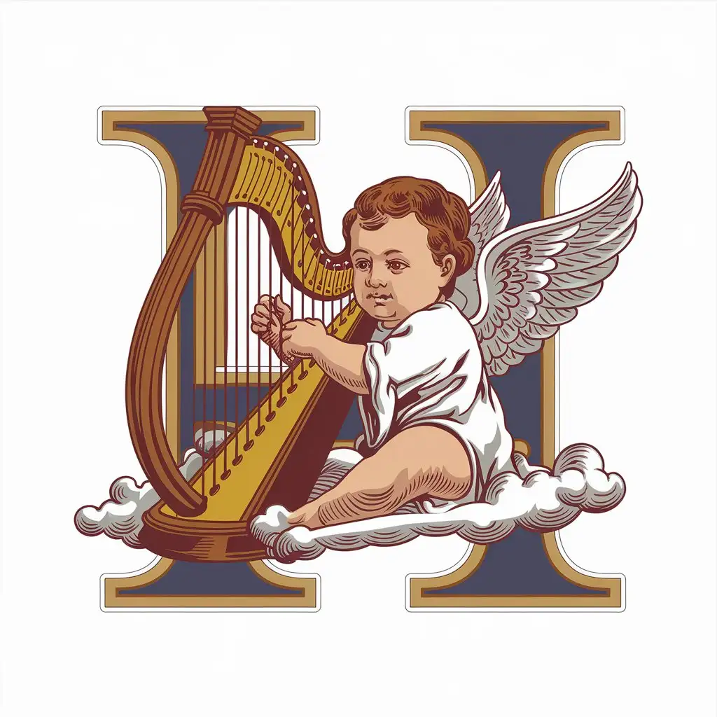 LOGO Design for H Baby Angel Playing Harp on White Background