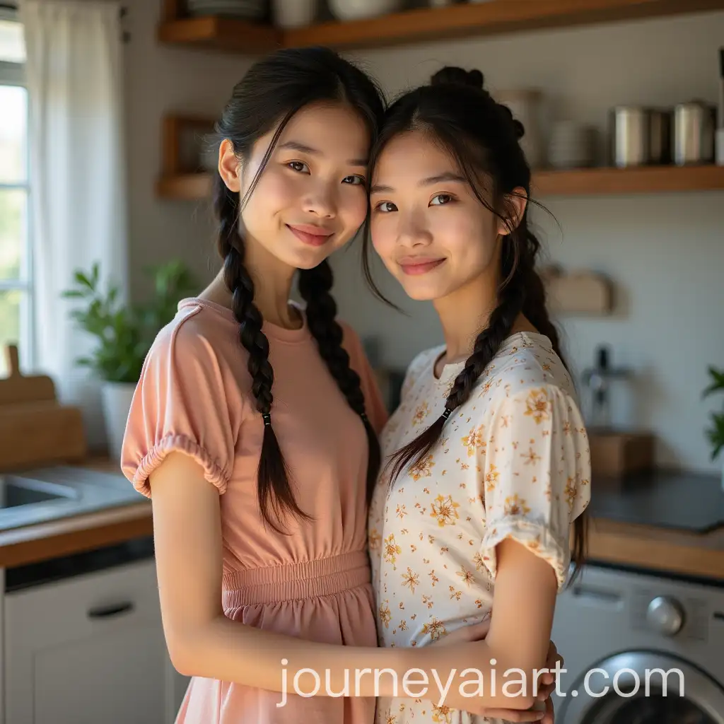 Young-Asian-Wife-and-Her-Younger-Sister-in-the-Kitchen-with-Braids
