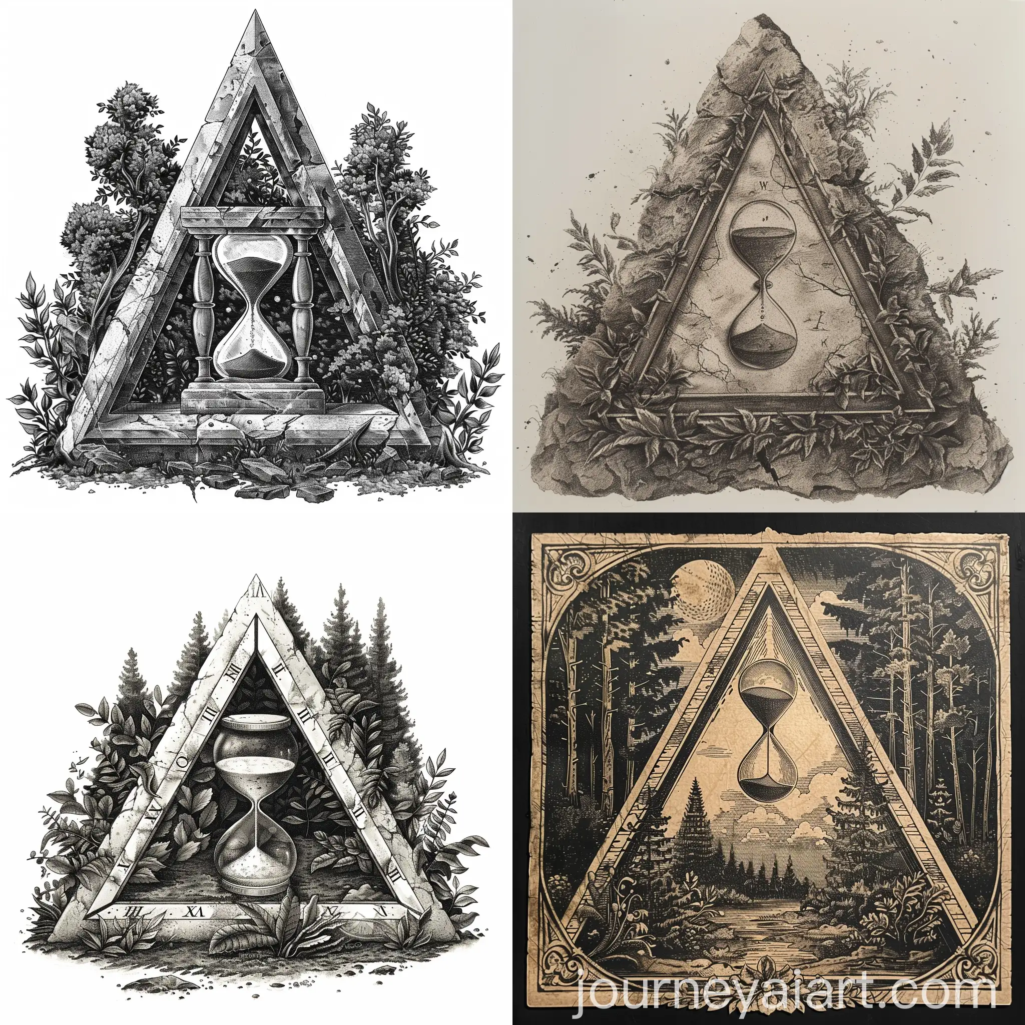 Stone-Triangle-with-Hourglass-Engraving-in-Forest-Setting