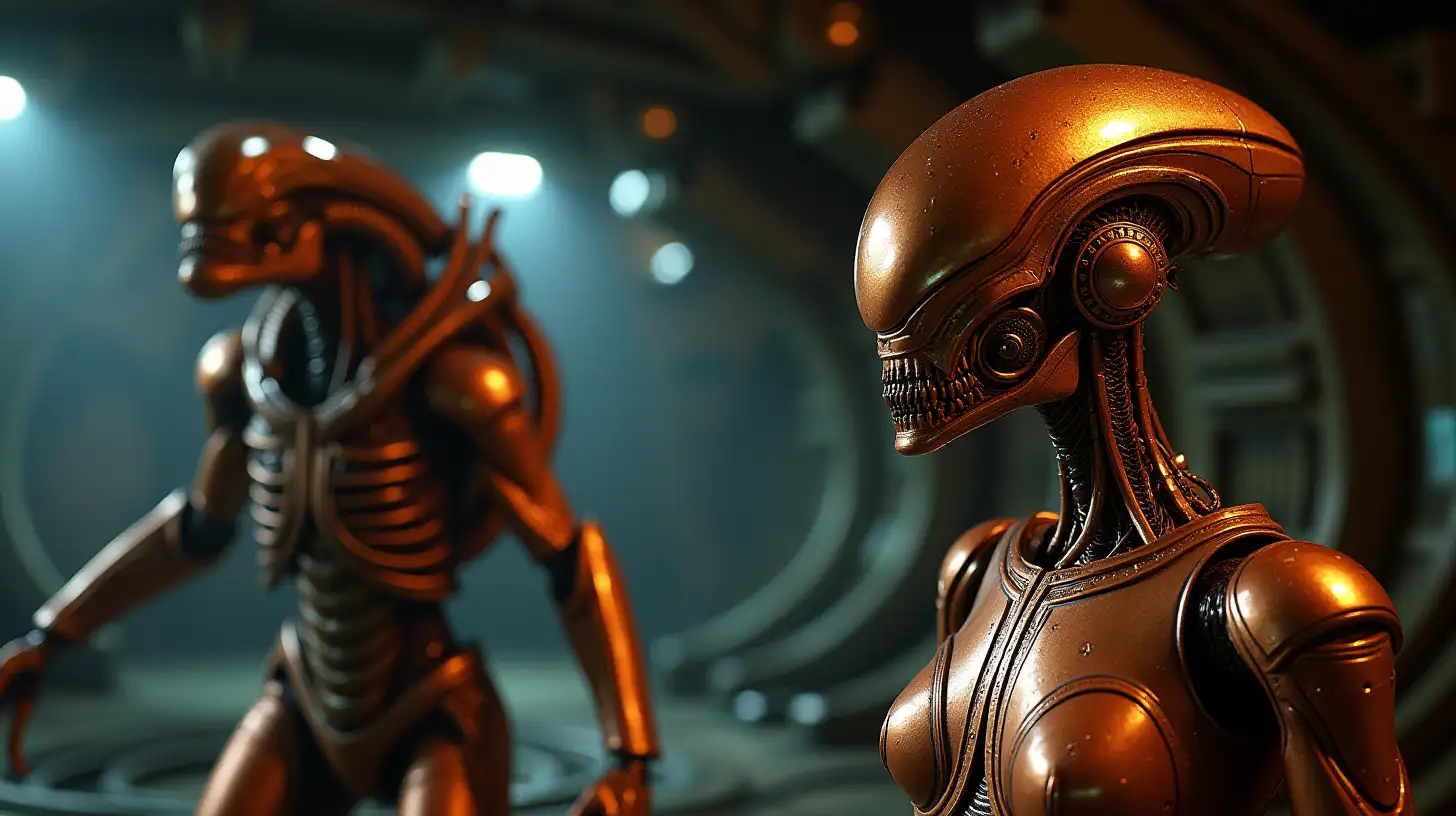 Copper and Chrome Android Battles Xenomorph on Interstellar Spaceship