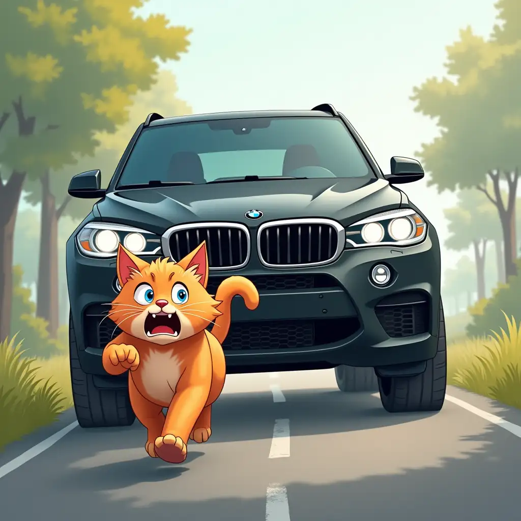 Huge, tinted glasses, black BMW x5m chases a shaggy ginger cat, who runs in fear along the road, with blue eyes, cartoon