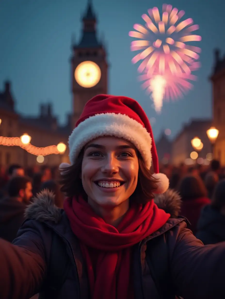 a young and fun person taking a selfie, with a Christmas hat, surrounded by many other people. In the background, a big clock showing 12 o'clock. There are fireworks in the sky. Realistic style