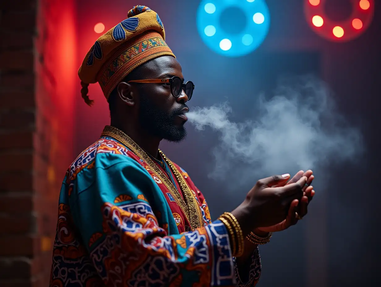 A priest with colorful Nigerian party clothes, with kofi on his head, in his hands smoking herbs making smoke, cleaning a very mystical place where you can see lights of red and blue colors in the background.