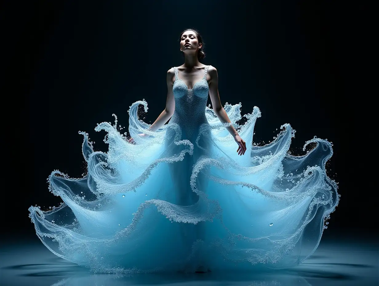 A stunning and surreal image of a weman wearing an intricate water dress made entirely of water waves, creating a mesmerizing and visually stunning effect. The weman is shown in a graceful pose against a dark background, with the water appearing to flow outward in a dramatic fan-like shape. This image can be created with the following prompt. Woman in an elaborate water dress made entirely of water waves, styled by Dmitry Kostanovich, Precision Fashion Show, Photoshop, Felicia Semyon, UHD image, Ekaterina Panikanova, Shiny and Glossy, HDR, Dynamic Mode, 32kb, Sharp Focus, Illustration. by Sasan.