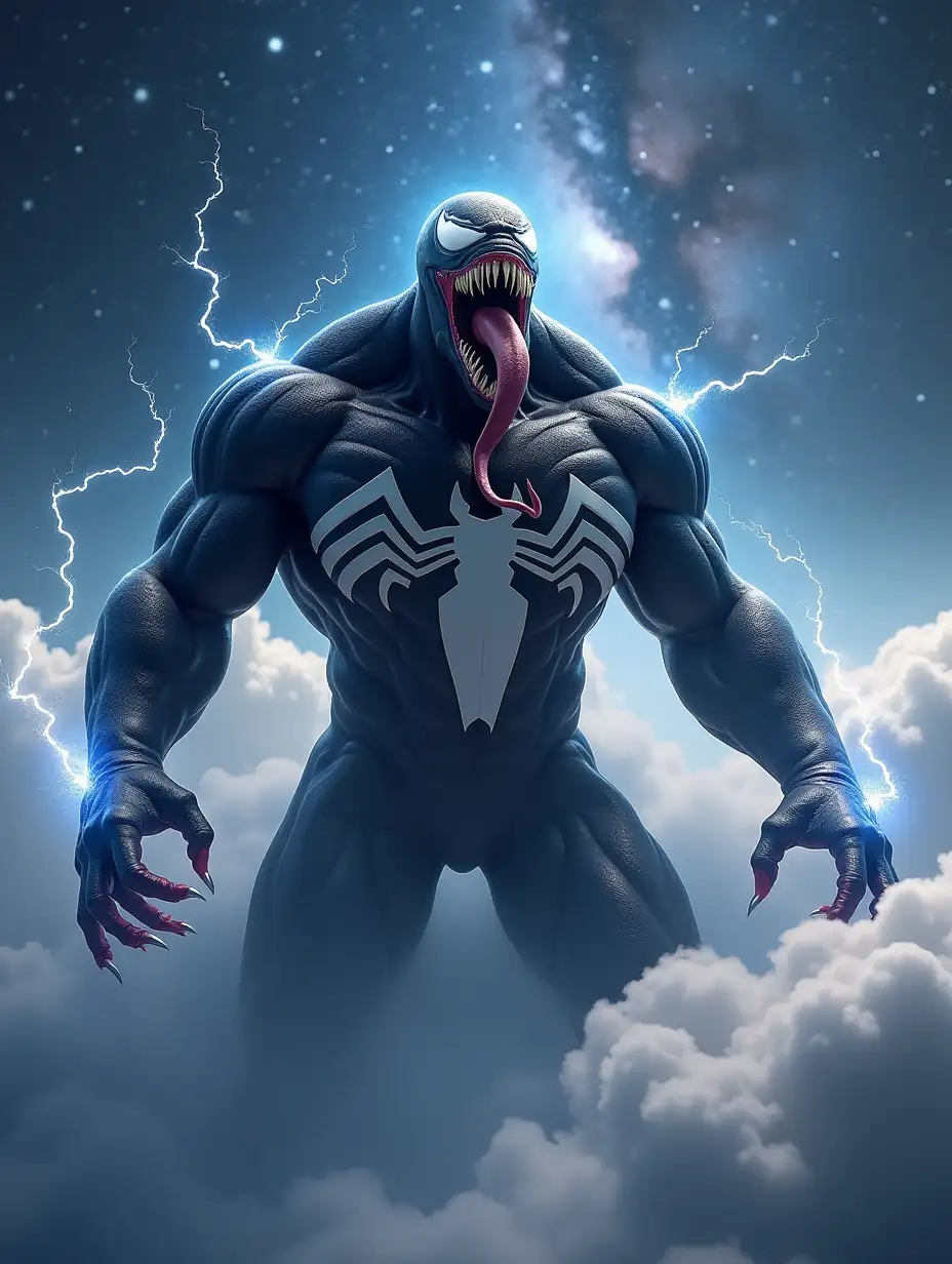 A hyper-realistic 3D render of Venom, the powerful symbiote, emerging from the clouds in a celestial setting. His massive, muscular black body with the iconic white spider emblem contrasts against the ethereal, fluffy clouds. His sharp fangs and long, snake-like tongue are fully exposed as he roars towards the sky. The night sky behind him is filled with a breathtaking galaxy, stars, and a cosmic glow, illuminating his fierce expression. Wisps of white energy crackle around his hands, adding a supernatural aura. The cinematic lighting enhances the textures of his symbiotic skin, creating a dramatic and immersive atmosphere in stunning 4K resolution.