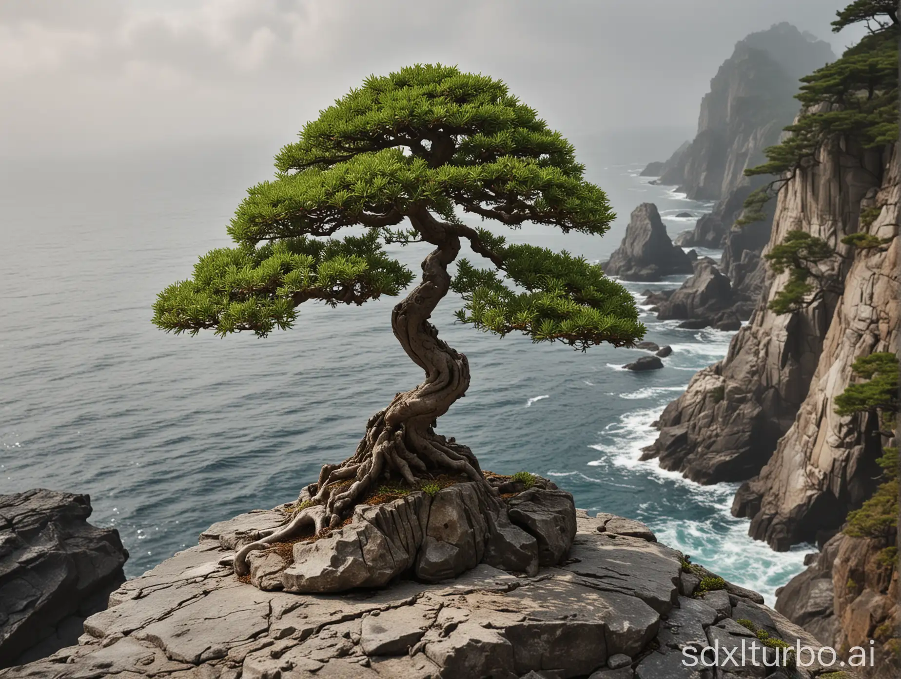 bonsai on rock cliff, 16x9, wallpaper, epic, japan island