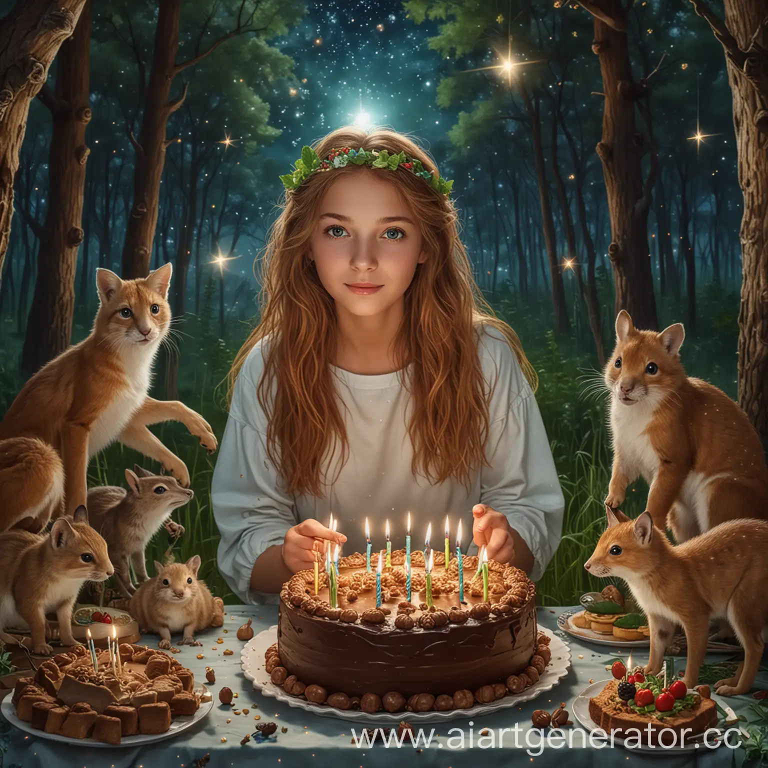 Birthday-Party-in-Enchanted-Forest-with-Girl-and-Animals-under-Starry-Sky