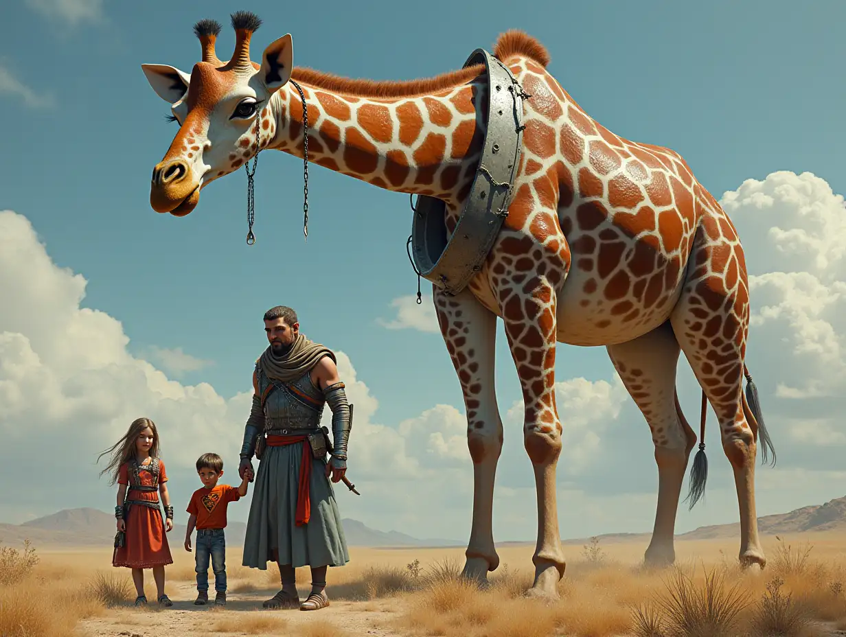 Ki-Fantasy-Family,Man,Woman, and Children, giant Giraffe with long neck face and with glass and metal armor equipment