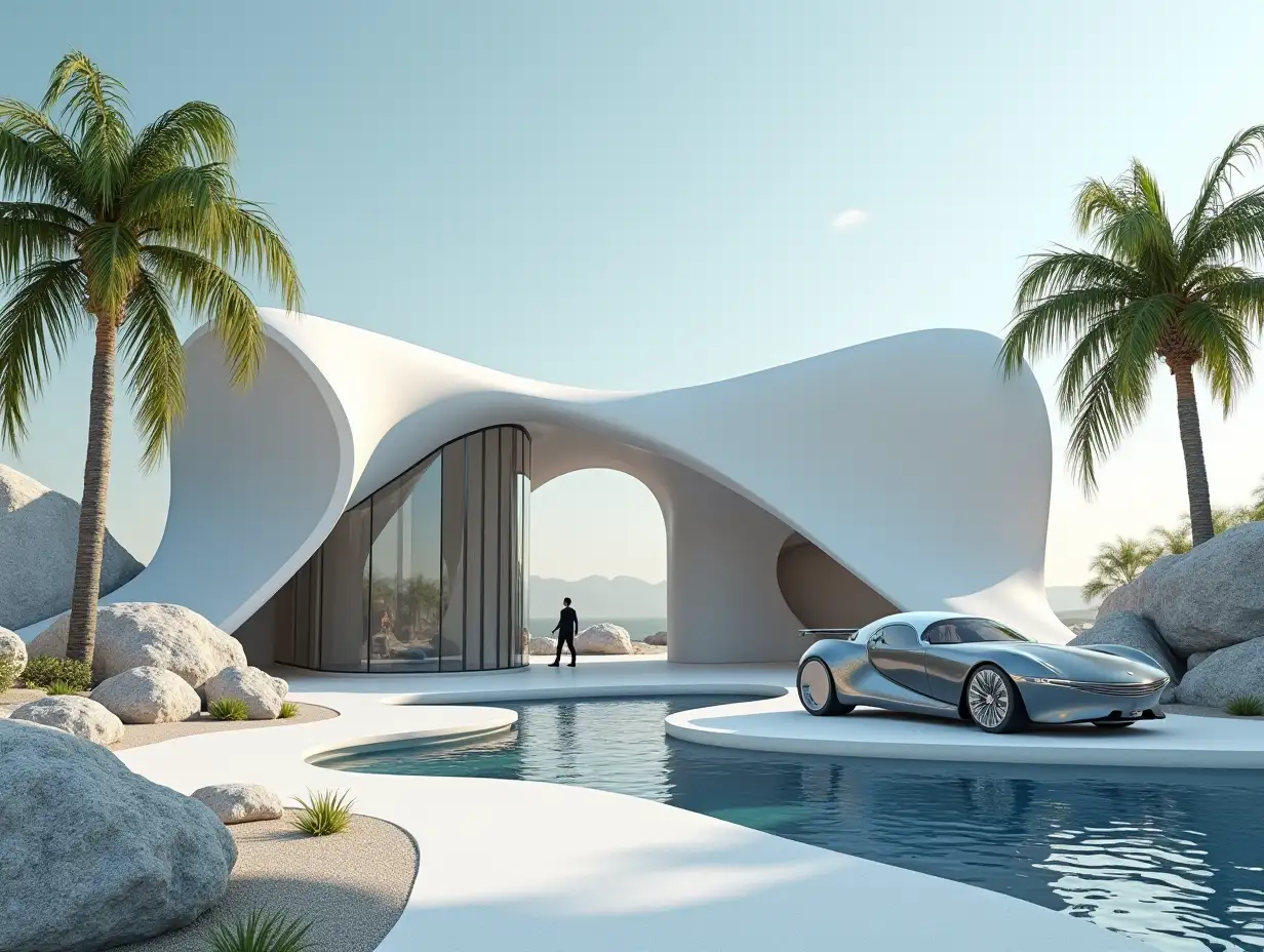 Create a high-resolution realistic image in 4k resolution of a futuristic building with curved columns, Palms, rocks and a futuristic vehicle