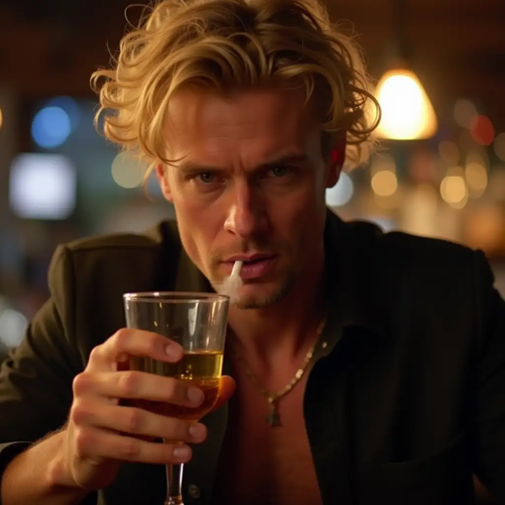 Blonde australia guy at a bar drinking and smoking looking angry