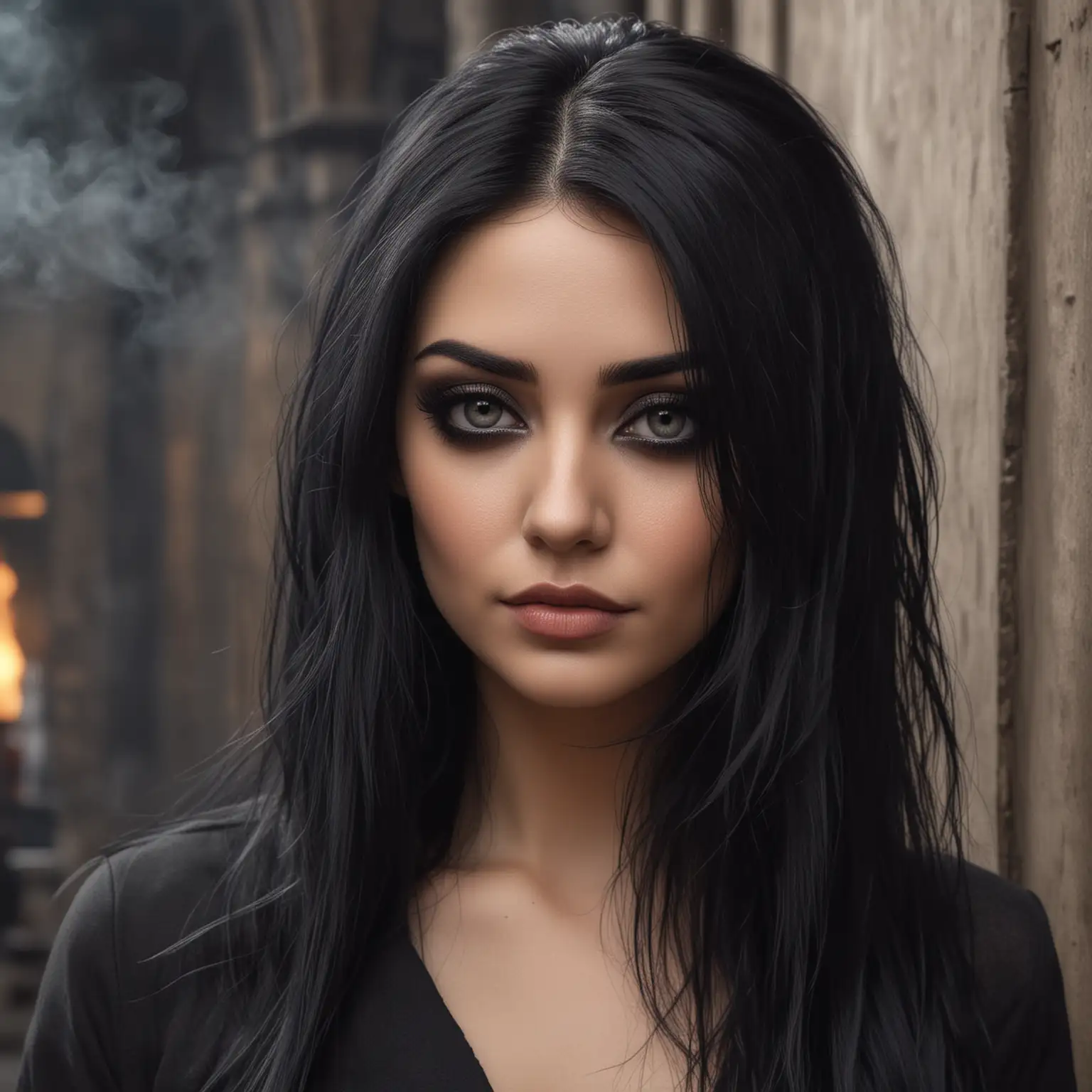 Gothic Woman with Smokey Eye Makeup in a Casual Setting