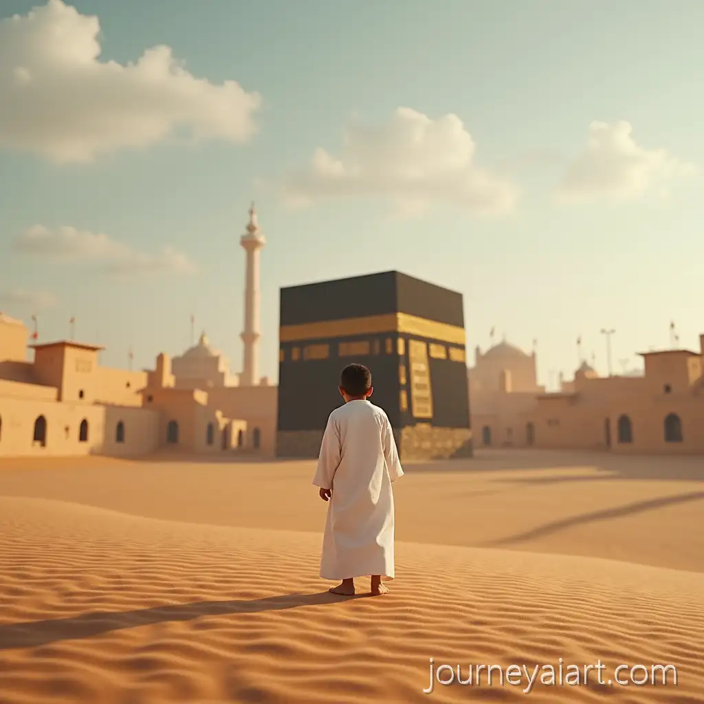 Small-Arab-Boy-Standing-Beside-the-Ancient-Kaaba-in-Desert-Mecca-with-Hopeful-Gaze