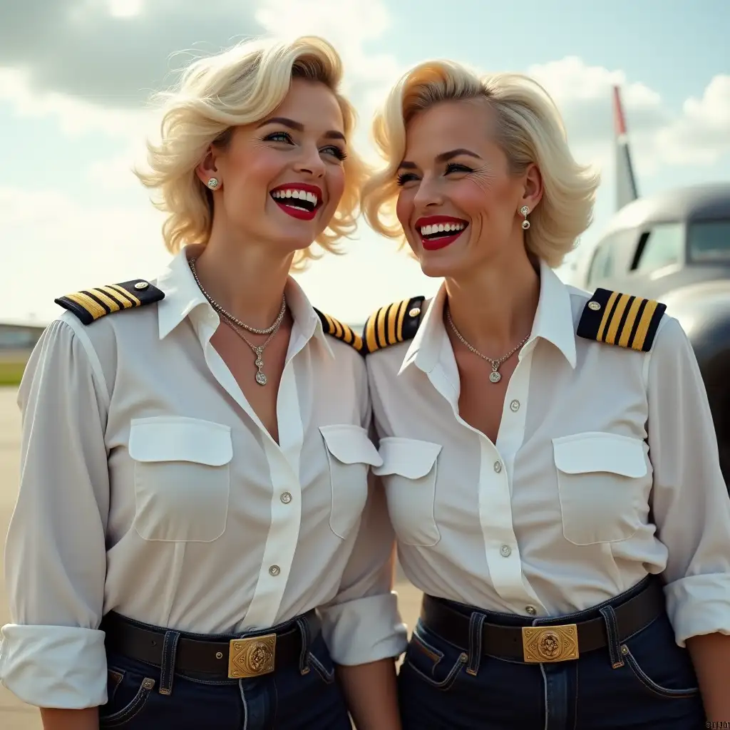 two white curvy pilot ladies, Marilyn Monroe face, in white unbuttoned pilot shirt, laughing with her mouth open, red lipstick accentuating her smile, belt on waist, big wide hips, chest are fully grown, jewelry, short hair, HD, enjoying at airport , photo-realism