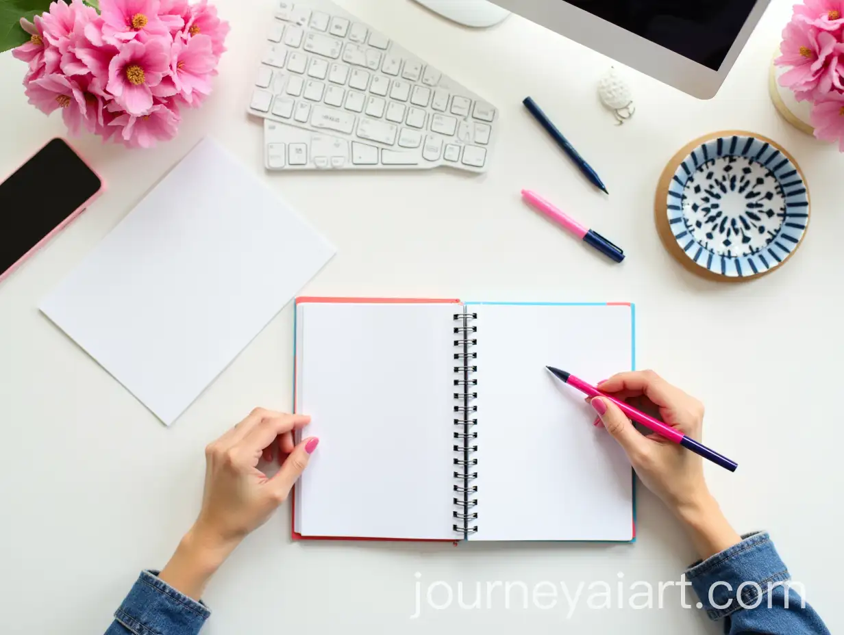 Woman-Working-on-a-White-Desk-with-Pink-and-Navy-Pens-in-a-Modern-Bright-Atmosphere