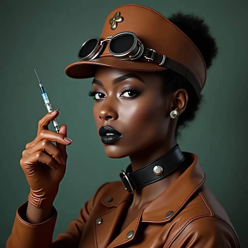 African-Nurse-in-Brown-Leather-Uniform-with-Injection-Needle