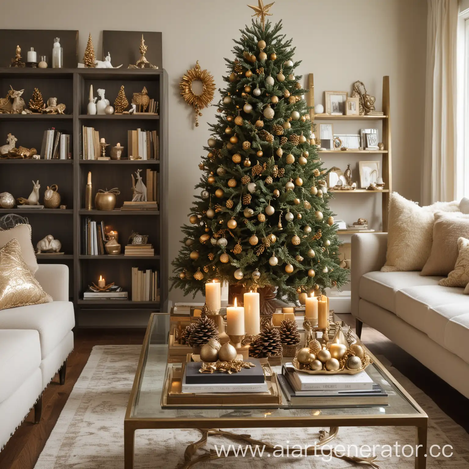 A small living room featuring gilded Christmas tree cones arranged on a coffee table and shelves, paired with golden ornaments and candles, creating a luxurious yet understated holiday ambiance.