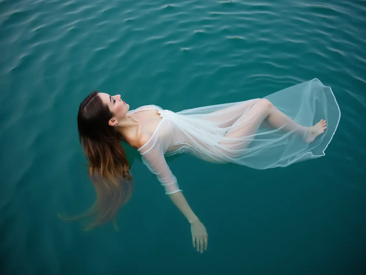 a woman with long brown hair, wearing a thin white veil dress with bare shoulders and back, floating on her back between two waters, profile horizontal facing the water surface, arms hanging, legs folded, blue water