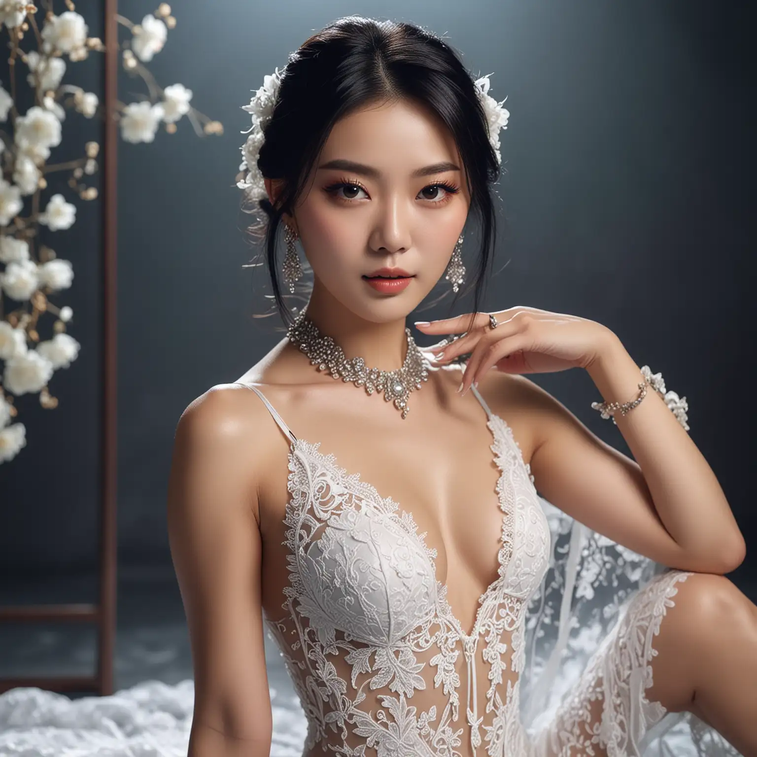 songyi, chineseidol, 1girl, medium shot,(posing seductively in an elegant white lace slip, wearing stunning haute couture jewelry and dramatic runway makeup, style of fashionmagazine),masterpiece, best quality, realistic, photo-realistic, RAW photo, extremely detailed CG unity 8k wallpaper
